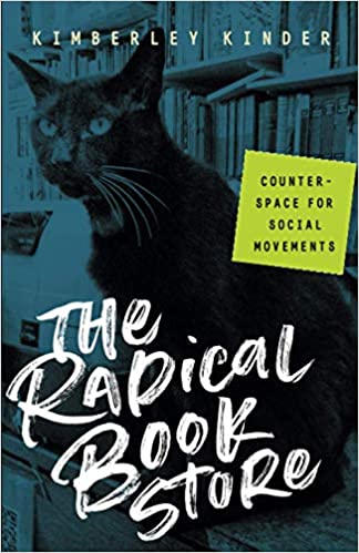 The Radical Bookstore book cover. Contains: a cat in fron of a bookshelf with text overlay.